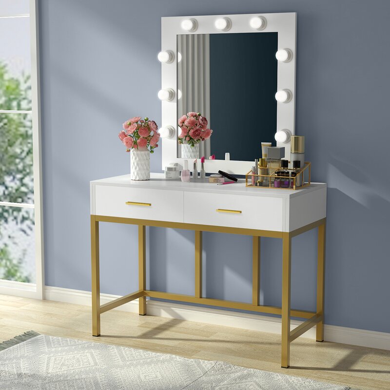 Everly Quinn Vanity Table With Lighted Mirror, Makeup Vanity Dressing